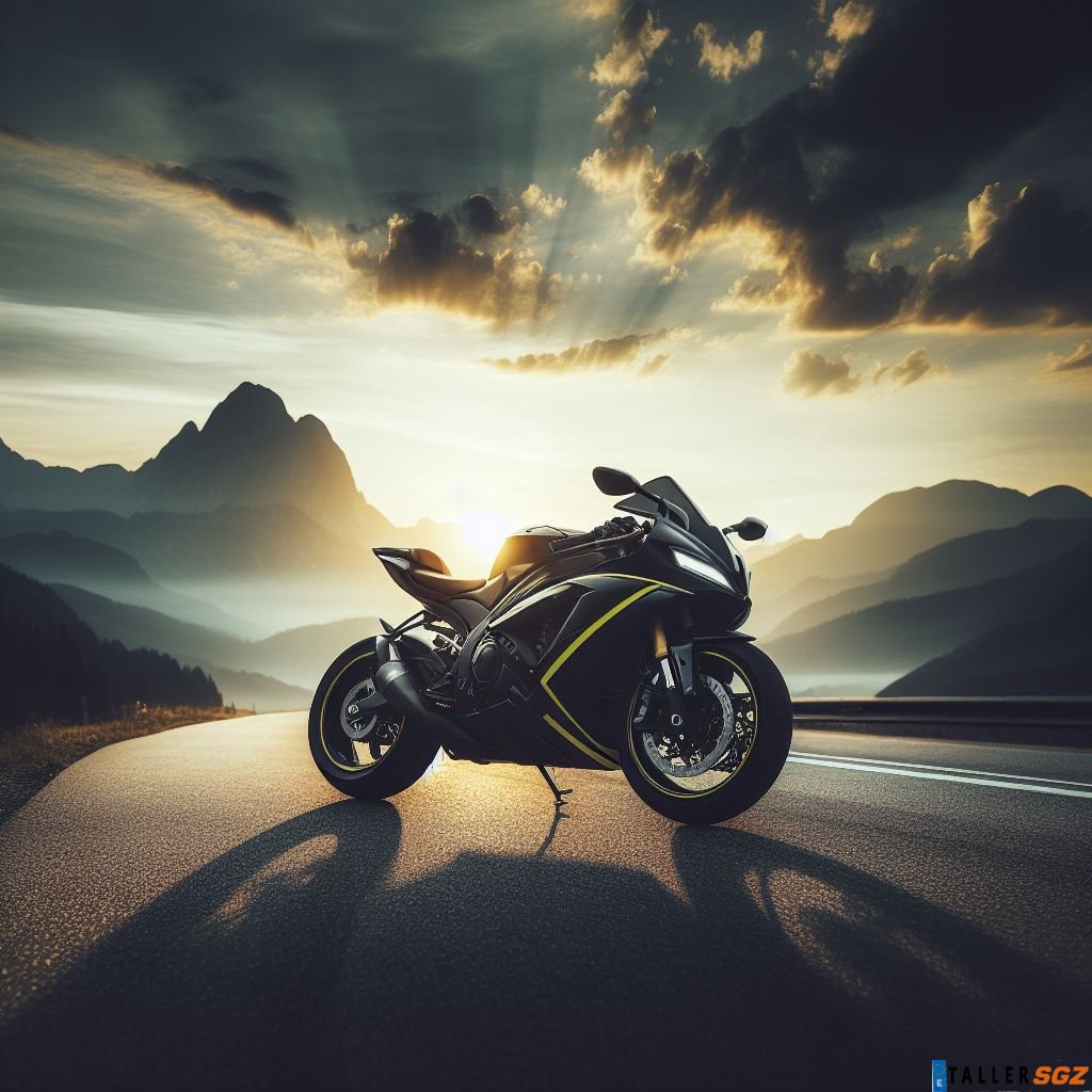 Motocicleta generada con ayuda de IA línea amarilla. Te ofrecemos ayudarte a diseñar la tuya. Propuesta 4
