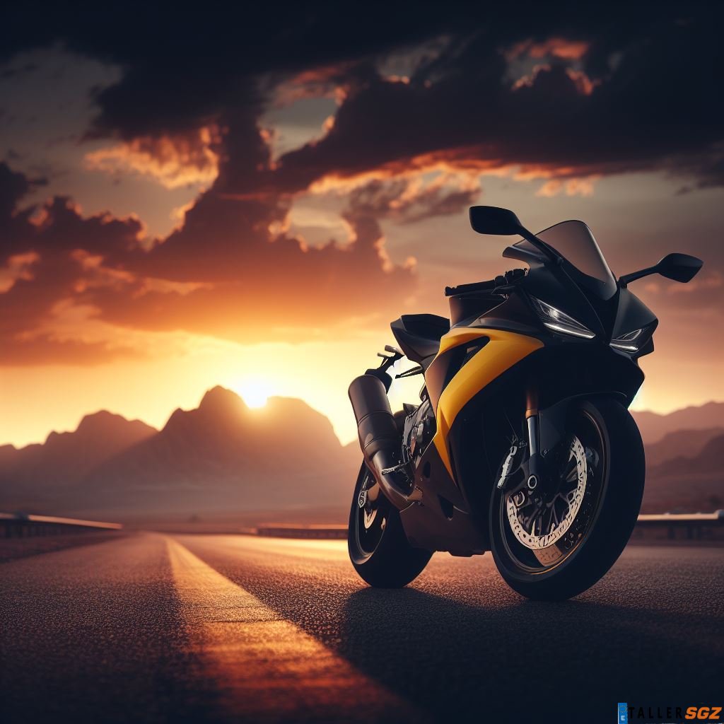 Motocicleta generada con ayuda de IA línea amarilla. Te ofrecemos ayudarte a diseñar la tuya. Propuesta 3